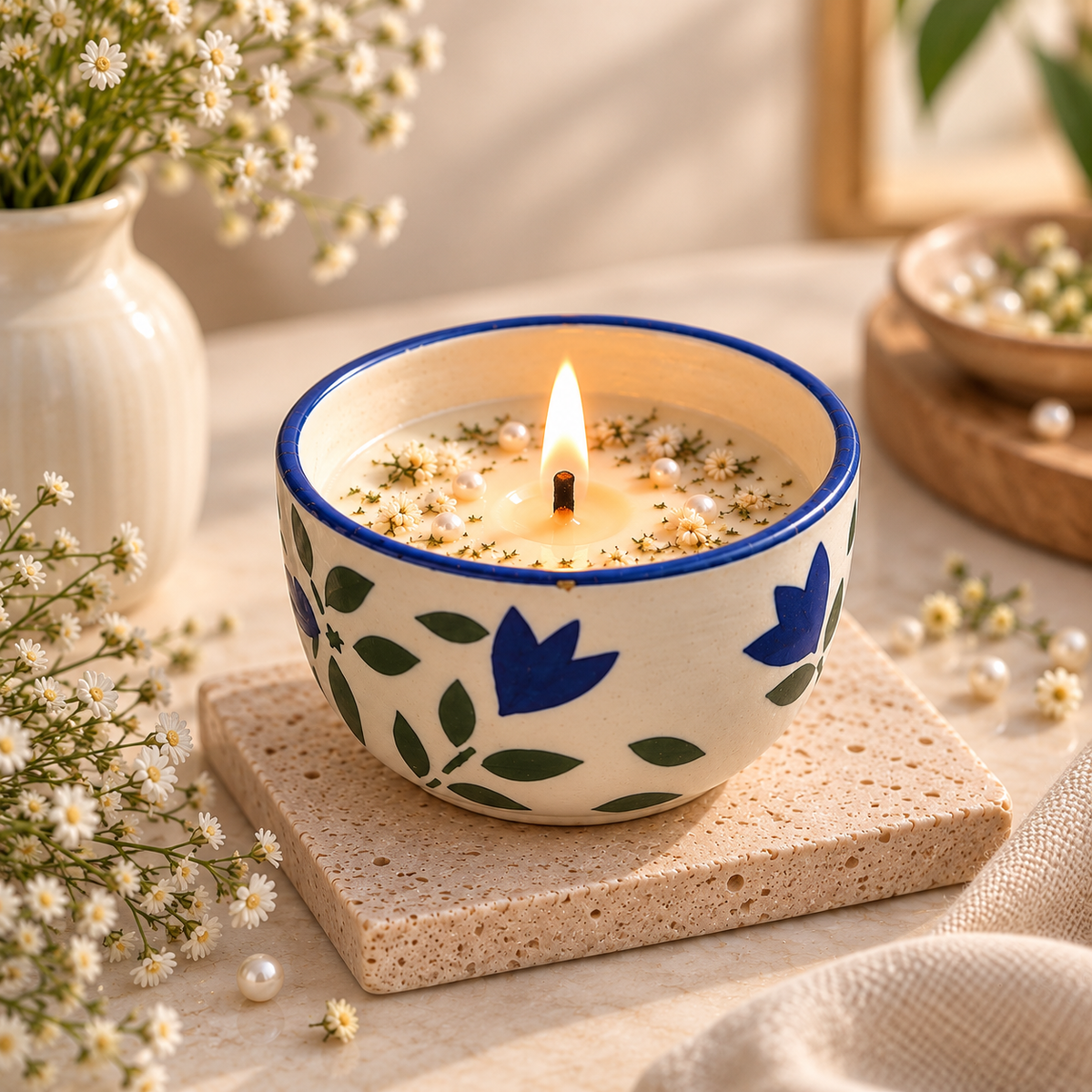 Blue Botanical Ceramic Candle